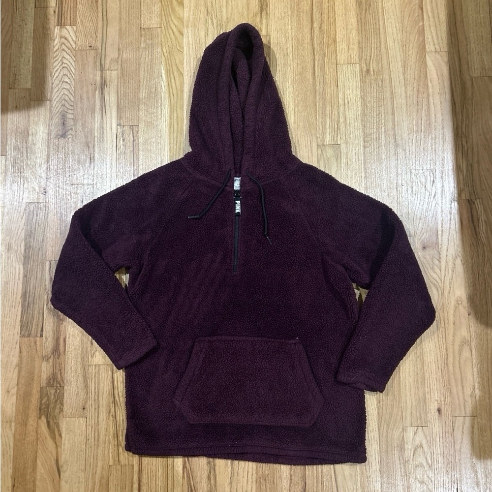 Victoria's Secret PINK Sherpa Teddy Half Zip Pullover Hoodie Plum Medium